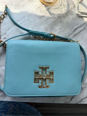 Tory Burch Sky Blue Pebbled Leather Crossbody with Gold Logo